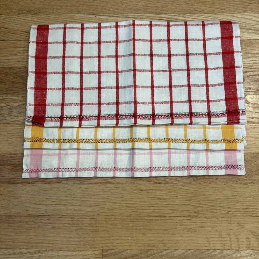 3 Vtg Hand Drawn Thread Table Runner Dresser Scarf Hemstitch Plaid Grid Cotton